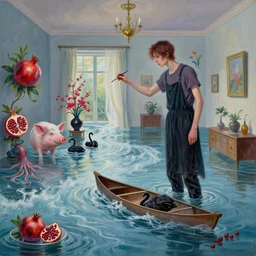 tall emo artist in her flooded apartment, painting of flood waters inside an artist's home, a river flooding indoors, pomegranates, pigs, ikebana, zen, water, octopus, river, rapids, waterfall, black swans, canoe, berries, acrylic on canvas, surrealist, by magritte and monet