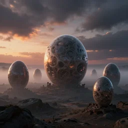 alien planet landscape, spherical shiny organic eggs, intircate details, out of this world, hr giger, sunset, landscape, dramatic clouds, mist