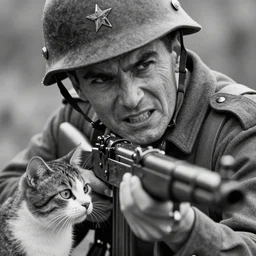 A soldier with a hateful face aiming a machine gun at a cat, world war 1, close-up, realistic face, beautiful face detail, mature facial features, black and white, amazing digital art, hyper detailed, artstation, in the style of Tony Sart