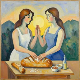 woman woman bakes bread and greets the day at sunrise, abstract art in the style of cubism and georgia o'keefe