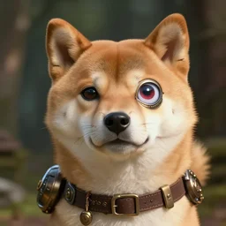 shiba inu, right eye is robot, steampunk, ghibli art, high detail, hyper realism, 8 k
