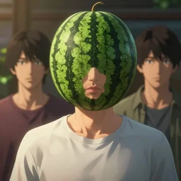 an anime semi realistic man with a watermelon head rendering by denning guy, eng kilian, fujita goro and jones, peter andrew, cinematic lighting, ray tracing, unreal engine 5,