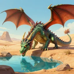 a huge dragon stands in a desert drinking river water digital art