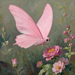 pink fairy with large wings exploring her flower garden by tom bagshaw, extremely detailed, muted colors