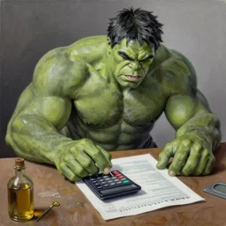 the hulk sitting at a desk using a small calculator to do his taxes, calculator, oil on canvas, intricate, 8 k highly professionally detailed, hdr, cgsociety