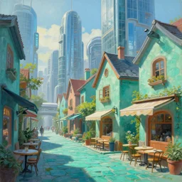 street of teal stone, sunlight and whimsical houses, cafe tables, cyberpunk futuristic sleek glass metropolis, painting by james gurney