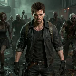 michael cera in left 4 dead 2, hd screenshot, group photo, zombies in background
