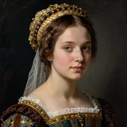 portrait of young woman in renaissance dress and renaissance headdress, art by jean - michel folon