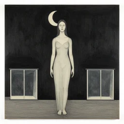 goddess of the night by dan mumford and peter doig and edward hopper, symmetrical, minimal, black ink, thick lines highly detailed, muted colours, masterpiece 8 k
