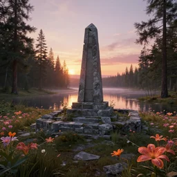 a beautiful detailed render of city abandoned tomb by winslow homer, tundra sunset nature morning sun forest at dawn retrowave laser flowers lake, archdaily, wallpaper, highly detailed, trending on artstation.