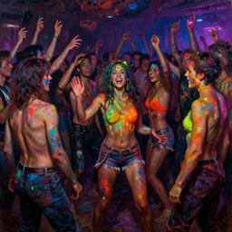 a beautiful cinematic dramatic scene from edm ecstasy lsd indoor illegal rave and everyone covered in fluorescent paint, by marvel studios, baroque painting, oil on canvas, trending on artstation, masterpiece, grainy, cinematic composition, beautiful lighting, intricate, hyper details, no frames
