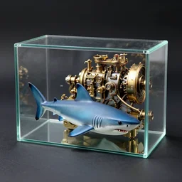 a glass rectangle box, shark in the front half, steam punk engine in the back half