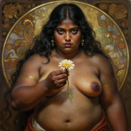 painting of a muscular dark nepali female picking up a flower, big eyes, fat, ultra realistic, concept art, intricate details, eerie, highly detailed, photorealistic, octane render, 8 k, unreal engine. art by artgerm and greg rutkowski and alphonse mucha