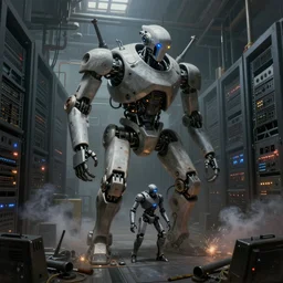 gloomy colossal ruined server room in datacenter robot figure automata headless drone robot knight welder posing pacing fixing soldering mono sharp focus, emitting diodes, smoke, artillery, sparks, racks, system unit, motherboard, by pascal blanche rutkowski artstation hyperrealism cinematic dramatic painting concept art of detailed character design matte painting, 4 k resolution blade runner