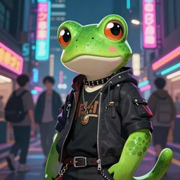 beautiful furry digital art portrait commission of an androgynous anthro frog fursona wearing punk clothes in the streets of a cyberpunk city. neon signs. character design by charlie bowater, ross tran, artgerm, and makoto shinkai