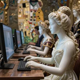 a masterpiece ultradetailed art of a beautiful girl plaing computer baroque renaissance. medium shot, intricate, elegant, highly detailed, by stanley artgerm lau, wlop, rossdraws, james jean, andrei riabovitchev, marc simonetti, background by james jean and gustav klimt, light by julie bell, 4 k, porcelain skin.