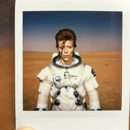 medium - shot photo of david bowie!! wearing a space suit, background mars surface, in the new watchmen movie, polaroid photo, instax,
