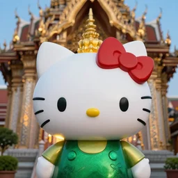 emerald buddha temple with hello kitty theme, high lights, 4 k, high detailed photography, 5 0 mm lens, depth of field, cinematic