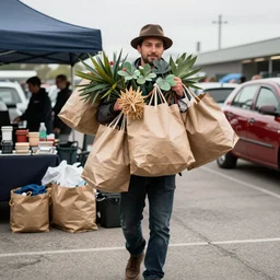 man at carboot sale carrying bags of treasure