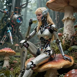 photo of an intricate and sophisticated terminator woman with borg enhancements, blonde hair sitting on a giant mushroom in a weird magical mechanical forest and drinking a cup of tea. Very detailed 8k. Fantasy cyberpunk horror. Sharp. Very detailed facial complexion