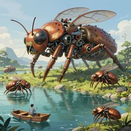 an intricate concept art, illustration, fantasy micro - world of mechanical large insect biomes in a pond, fishing van, man fishing, megafauna, ultra photorealistic, ultra sharp, pinterest, artstation, cgsociety, pinterest, digital art, anime colors, style by wlop, hyperrealistic, octane render, 8 k