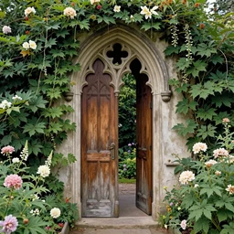 an old wooden gothic doorway with flowers in a gothic garden leading to a portal of unknown, painted by greg rutkowski and dan mumford, thomas kinkade, photorealistic