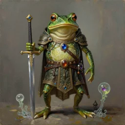 anthropomorphic bipedal frog that is dressed as a medieval knight, and holding a colossal sword, as a matte oil painting, d & d character reveal, by alex grey, standing, fullbody, ornate, gems, ectoplasm, knickknacks, mystic, concept art, award - winning, extremely detailed, sharp focus