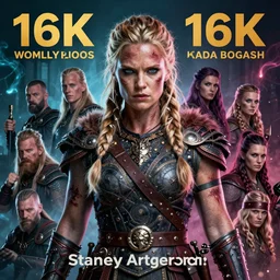 Official photo of a majestic fierce viking woman, leader, ethereal, fear, scarred, highly detailed, viking attire, cinematic, 16k, 1080s, by Stanley Artgermm, Tom Bagshaw, Greg Rutkowski, Vincent di Fate, Carne Griffiths, Ayami Kojima, WLOP, trending on DeviantArt, hyper detailed, full of color, digital art,