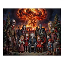 detailed image of a creepy family in Holidays at Palavas les Flots, by richard corben, BTS show, nuclear explosion, rich deep colors. masterpiece . intricate artwork, very coherent symmetrical artwork, cinematic, hyper realism, high detail, auschwitz camp,  octane render, unreal engine, 8k, Vibrant colors, Smooth gradients, High contrast, depth of field. by Katsuhiro Otomo, full body character drawing, inspired by Evangeleon, clean ink detailed line drawing, intricate detail, extremely detailed.