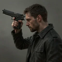 Man holding a gun to his head, his last moments, low saturated photo, highly detailed, digital concept art, rendered in Octane Render, painting