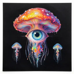 an iridescent huge minds eye, exploding mushroom cloud dmt lsd limerence paintbrush jellyfish nervous system suspended in rainbow liquid paint neural network, black paper, obscure, serendipity, gustave darrow, dan mumford, wlop, artgerm, moebius, metatron, symmetrical