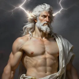 painted portrait of rugged zeus, god of thunder, greek god, white hair, masculine, mature, handsome, upper body, muscular, torso, fantasy, intricate, elegant, highly detailed, digital painting, artstation, concept art, smooth, sharp focus, illustration, art by gaston bussiere and alphonse mucha