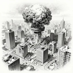 pencil sketch of fully destroyed city after nuke bird view, high details
