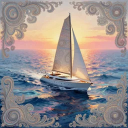 [ palate ] [ muted psychedelic colors ] crazy psychedelic ocean, luxury yacht sailing across the psychedelic ocean, paisley swirls and ripples, backlit, sunset, refracted lighting, outdoors, paisley pattern, elegant, 8 k resolution, intricate and fine details, digital painting, artstation, illustration, psychedelic ocean art, krenz cushart, alphonse mucha