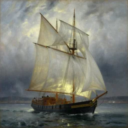 oil painting of boat with translucent sail, backlit ship with storm clouds and harbour in distant background, foggy, details, decorative, art by anders zorn, wonderful masterpiece by greg rutkowski, beautiful cinematic light, american romanticism by greg manchess, creation by tyler edlin