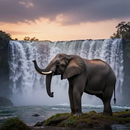 an elephant dreaming of a waterfall at dusk