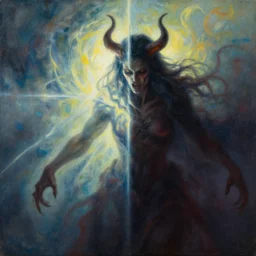 evil and badness attack the celestial being from one side, but from his other side emerges light and life | painting by craig mullins