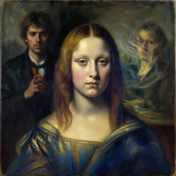 oil painting on wood. limited color palette. 1 8 9 6. portrait of a young woman with a doomed expression in blue and gold. by herbert james draper, sir lawrence alma - tadema, john william godward. epitome of victorian era.. cinematic criterion composition by kurosawa, kubrick. trippy breathing photograph. tricks of illusion to create depth. ambient occlusion. dark shadows, bright lights. composition of renaissance. dynamic background.