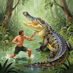 a man fighting a giant alligator in a swamp by tomasz alen kopera.