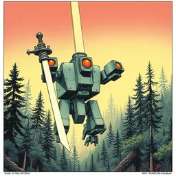 grainy risograph, huge floating sword against huge robot machine with three heads, close - up, omnious, matte colors, in the dense forest, highly detailed, artstation, intricate - detailed, by moebius, jack gaughan, lehr paul, sci - fi 1 9 8 0 and manga 2 0 0 0