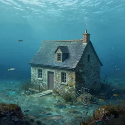 submerged underwater!!!! on the ocean floor, a typical european house with a slate roof, school of fishes, scenic view, matte painting by christophe vacher and hubert robert, trending on artstation