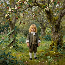 wide - shot, 1 2 years old very cute boy with shoulders - length wavy blond yellowish hair, wearing clothes of 1 8 th century, in the wild garden with apple trees, moss and vines, highly detailed, digital art, oil painting, masterpiece, by artgerm, by greg rutkowski, by mucha, by kinkade