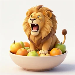 Lion roaring at bowl of fruit