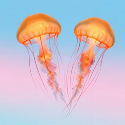 two large vibrant orange glowing jellyfish swimming swimming in the ocean, color pallet from top to bottom light blue pink white pink light blue, highly detailed, moody, dynamic focus, rich colors, artstation, sharp focus, background full of fish and other sea creatures, seaweed, otherworldly, alien, wide view, very busy