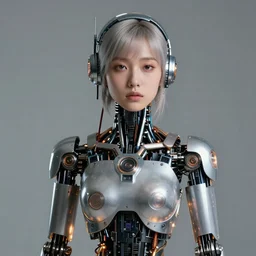 beautiful Fine art photography portrait of a solarpunk half robot half human girl with real human face, lights over body, highly detailed, photorealism, studio lighting 8k