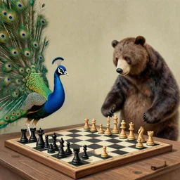 peacock and bear playing chess, drawing by mc escher, photorealism