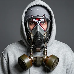 detailed conceptual close up photography portrait random young guy using grey hoodie and grey bandana with red white black wolf and crossed riffle combination in his right hoodie chest and gas mask