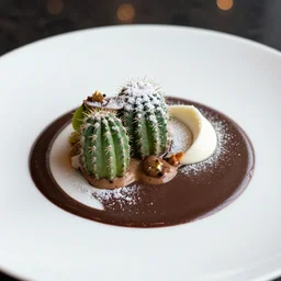 a fine dining dessert plate of cactus and chocolate sauce, sugar sprinkled, food photography, michelin star, fine dining, bokeh