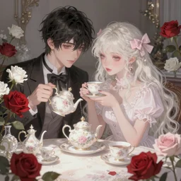 wonderland at tea party, male a mix of grimes, Aurora Aksnes and zoë Kravitz, sweet and innocent, surrounded by red and white roses, digital illustration, inspired by Aeon Flux and Japanese shoujo manga, hyper detailed, dreamlike , incredibly ethereal, super photorealistic, muted and pastel hues, extremely fine inking strokes