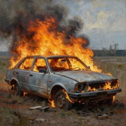 an abandoned car on fire, detailed painting, epic lighting, by ilya repin, phil hale and kent williams